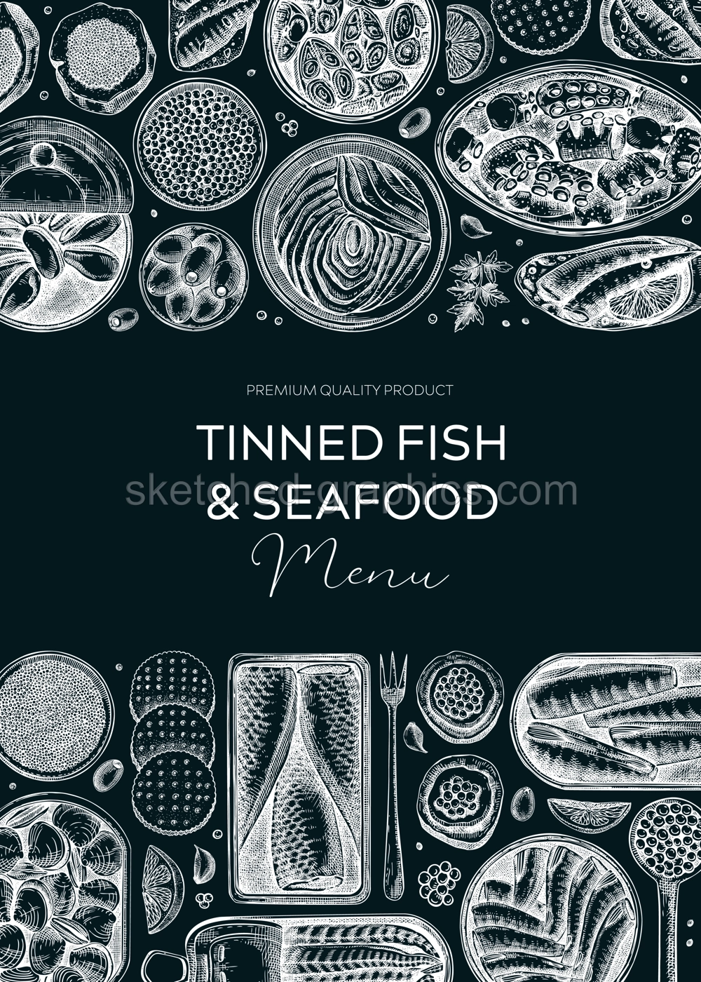 Canned fish frame on chalkboard. Seafood background with hand-drawn sardines, anchovy, mackerel, tuna, mussels in tin cans, fish canapes drawings. Finger food party banner or flyer. Tinned fish sketch Illustration